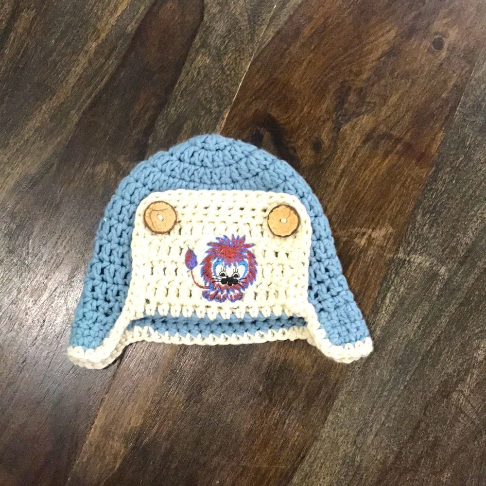 Handmade! Toddler Winter Hat, Lion, Blue, Ivory, and Burgandy